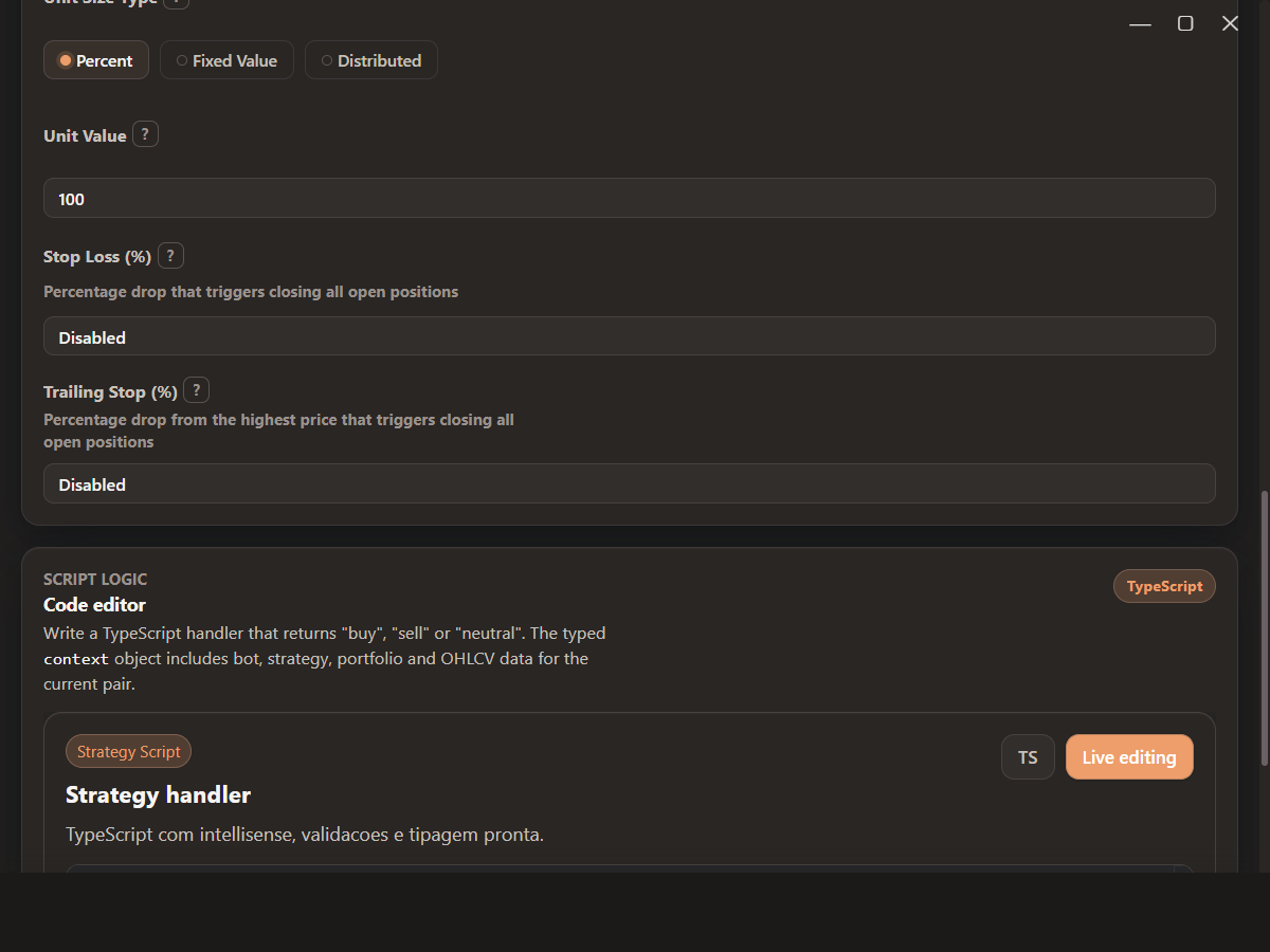 Gimmer Code Editor with TypeScript strategy handler and execution settings