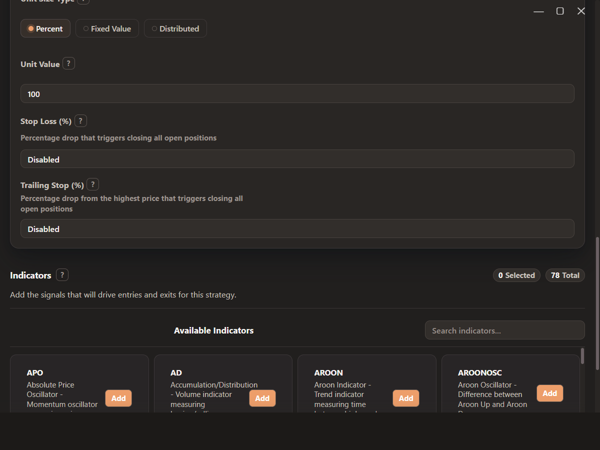 Gimmer crypto trading strategy builder showing available and selected technical indicators