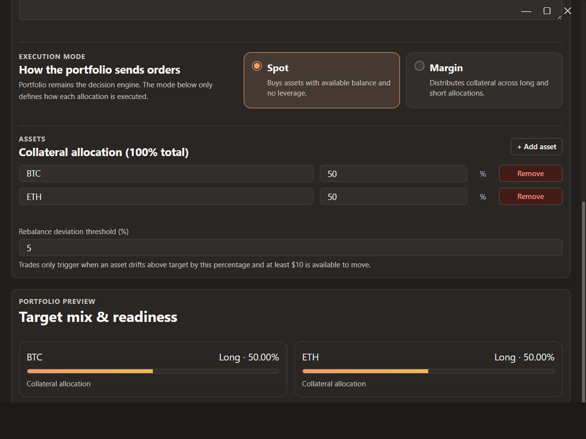 Portfolio strategy builder with target allocations and rebalance threshold