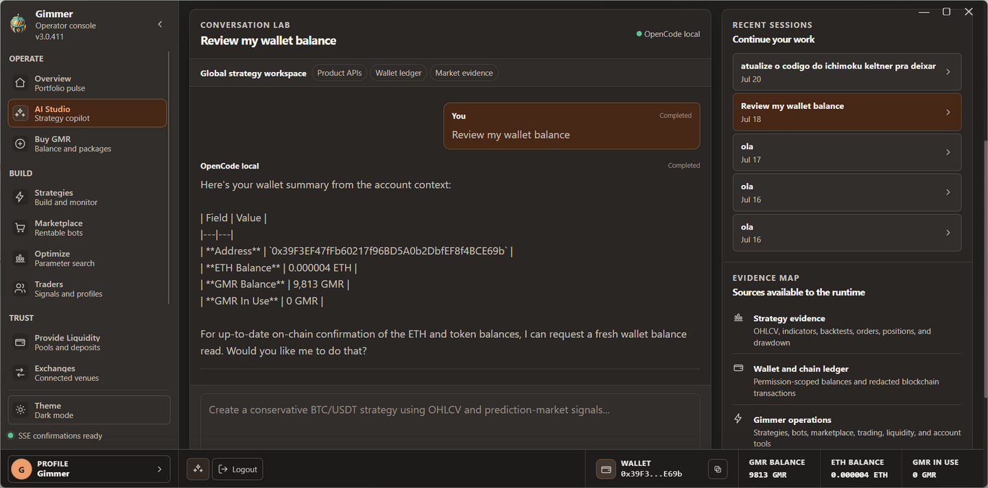 Complete Gimmer AI Studio conversation workspace with runtime status, recent sessions, and available evidence sources