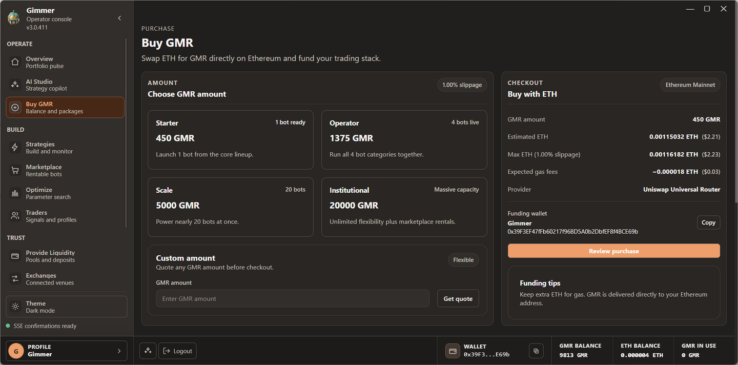 Complete Gimmer Buy GMR page showing fixed packages, a custom amount, Ethereum quote details, and checkout review