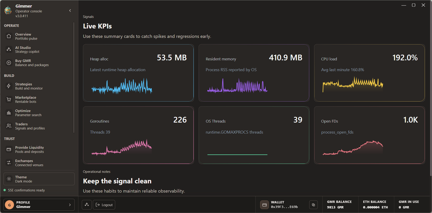Complete Gimmer Observability page with live heap, memory, CPU, goroutine, thread, and open file descriptor KPIs