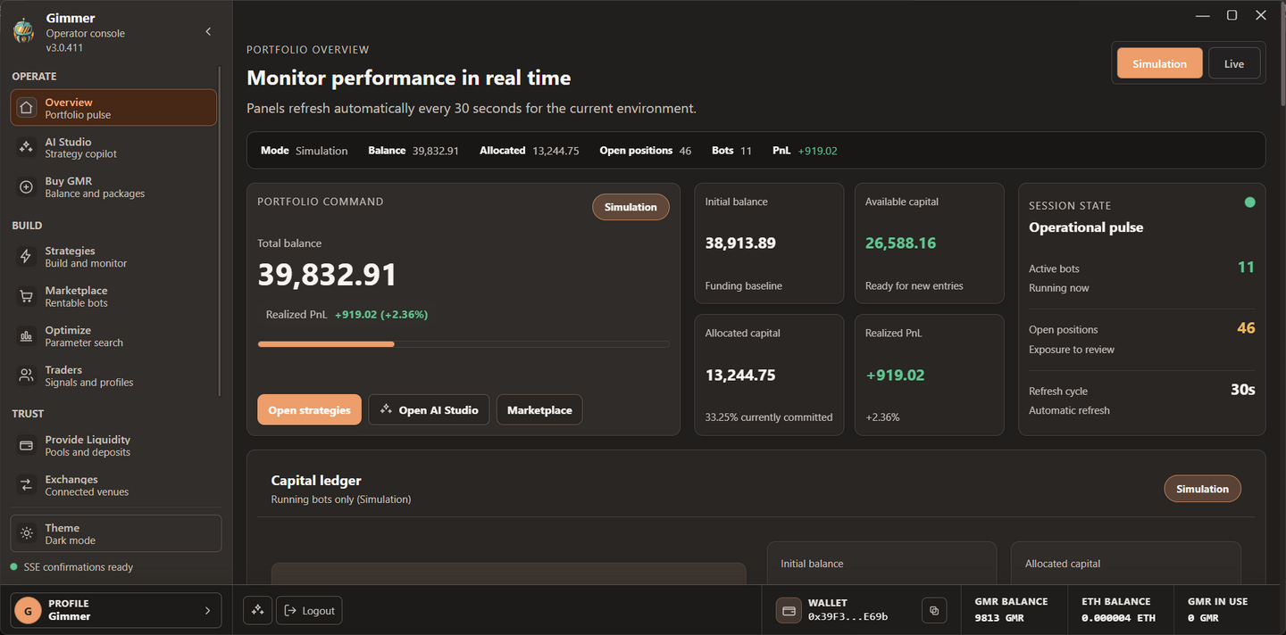 Complete Gimmer desktop overview showing simulation controls, portfolio balance, capital allocation, and operational pulse