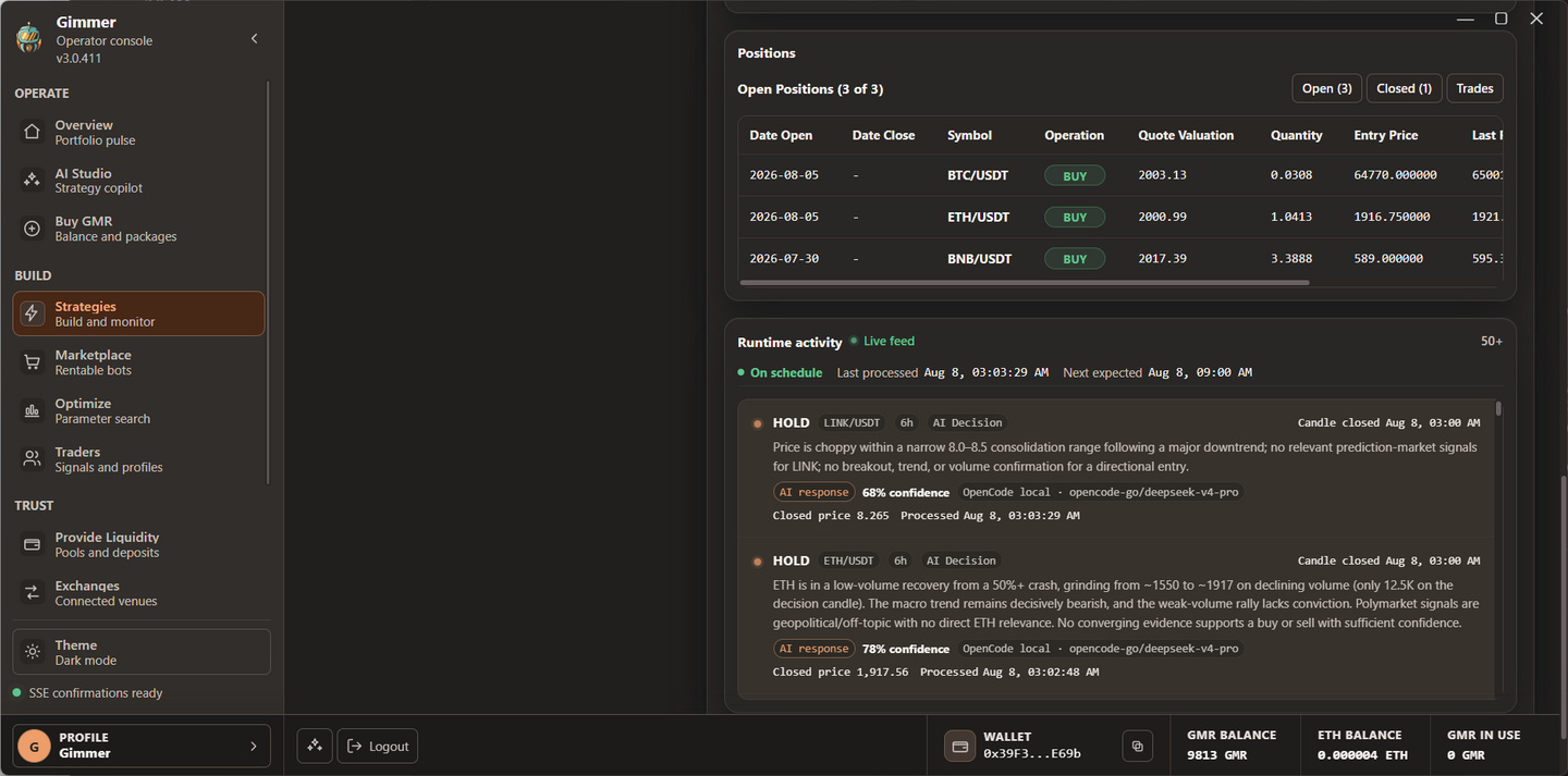 Complete Gimmer live strategy view showing positions, operation types, schedule status, and AI Decision runtime activity