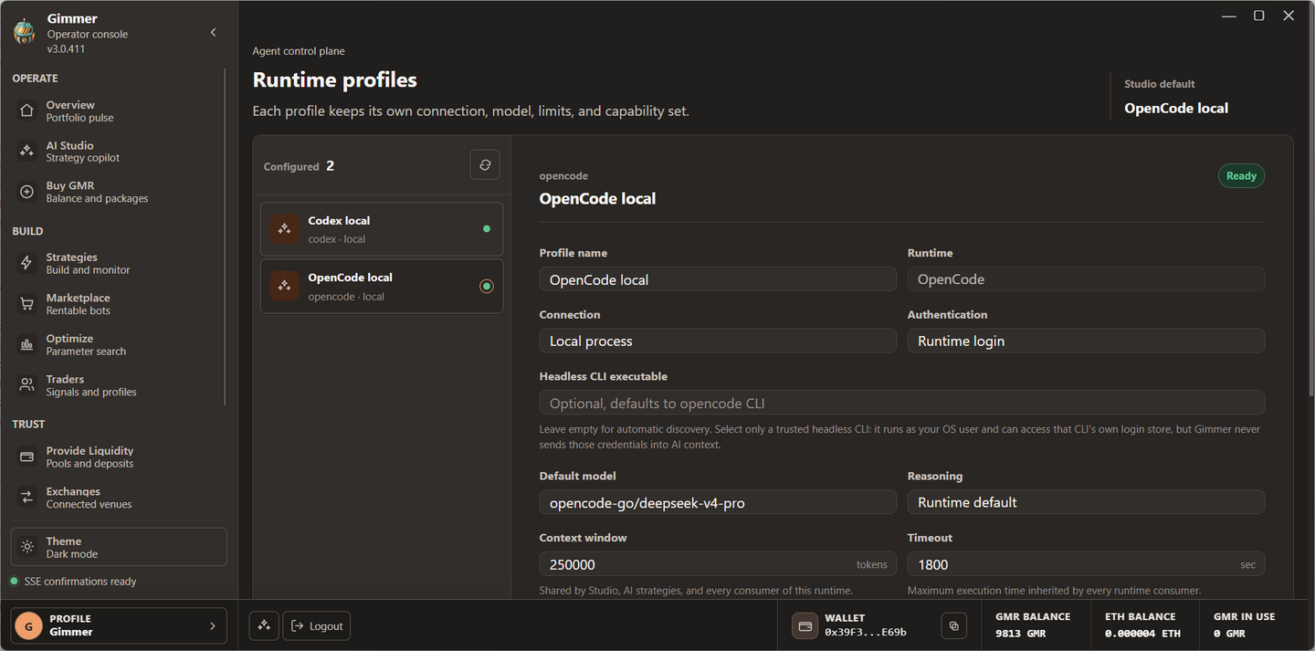 Complete Gimmer AI Runtime profile screen showing connection, authentication, model, reasoning, context, and timeout settings