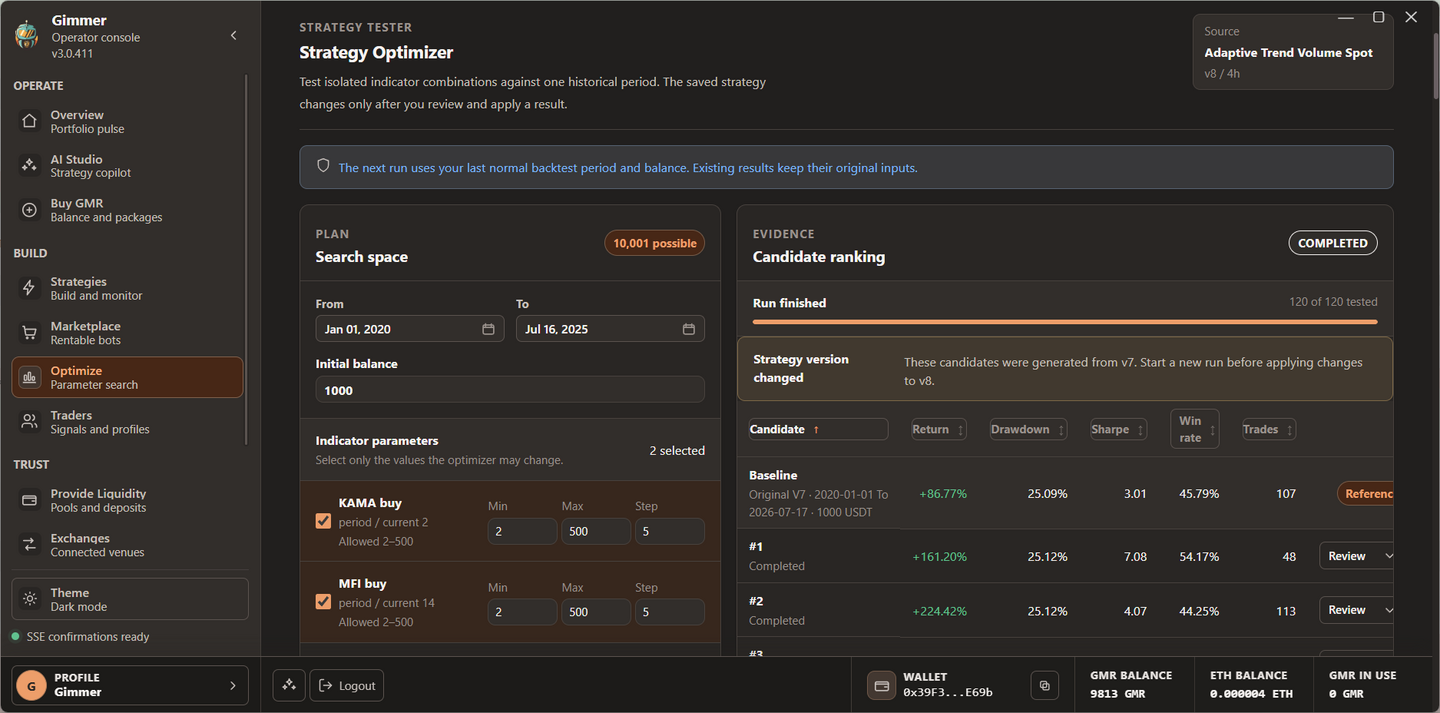 Complete Gimmer Strategy Optimizer showing bounded inputs, progress, baseline, and ranked candidates