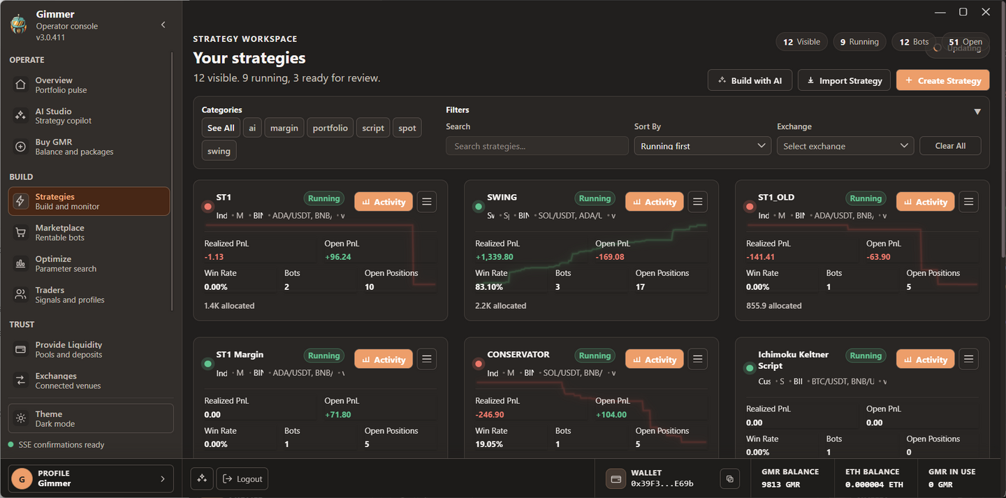 Complete Gimmer strategy workspace with filters, running states, performance summaries, and strategy actions